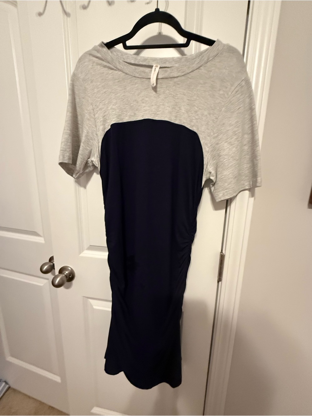Two-Tone Navy and Light Gray Midi Dress - Casual Knit